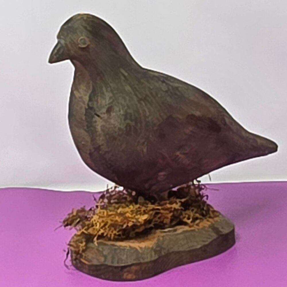 Vintage Hand-Carved Wooden Bird Sculpture By Woody Rustic Finish & Moss Base